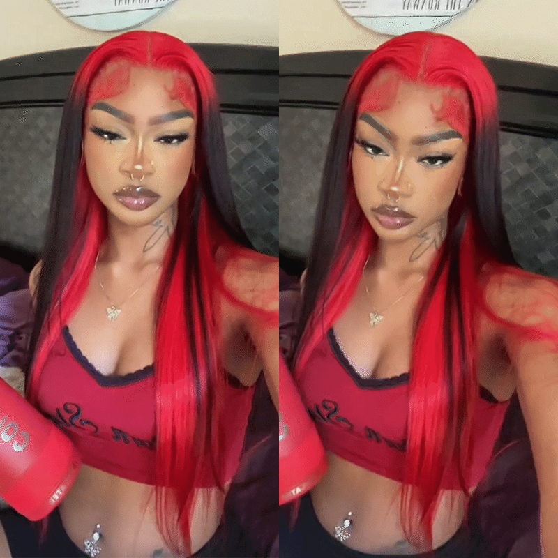 New Arrival Demon Red & Black Two Tones Long Straight 13*4 lace front wig,  Medium Size Cap.