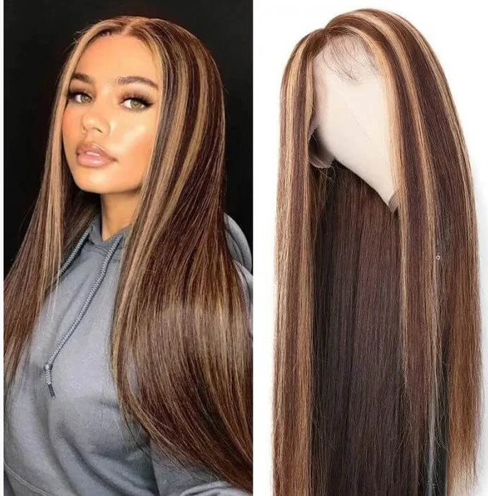 Highlight Wigs Brown and Blonde Silky Straight Lace Wig, 100% human hair,  